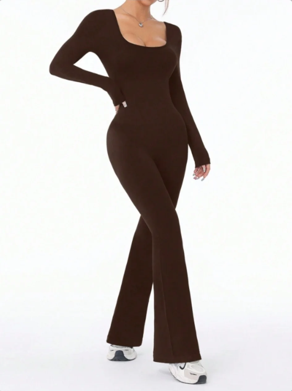 High quality solid color long sleeved compression exercise jumpsuit women's sportswear bell bottom pants sexy push up yoga set