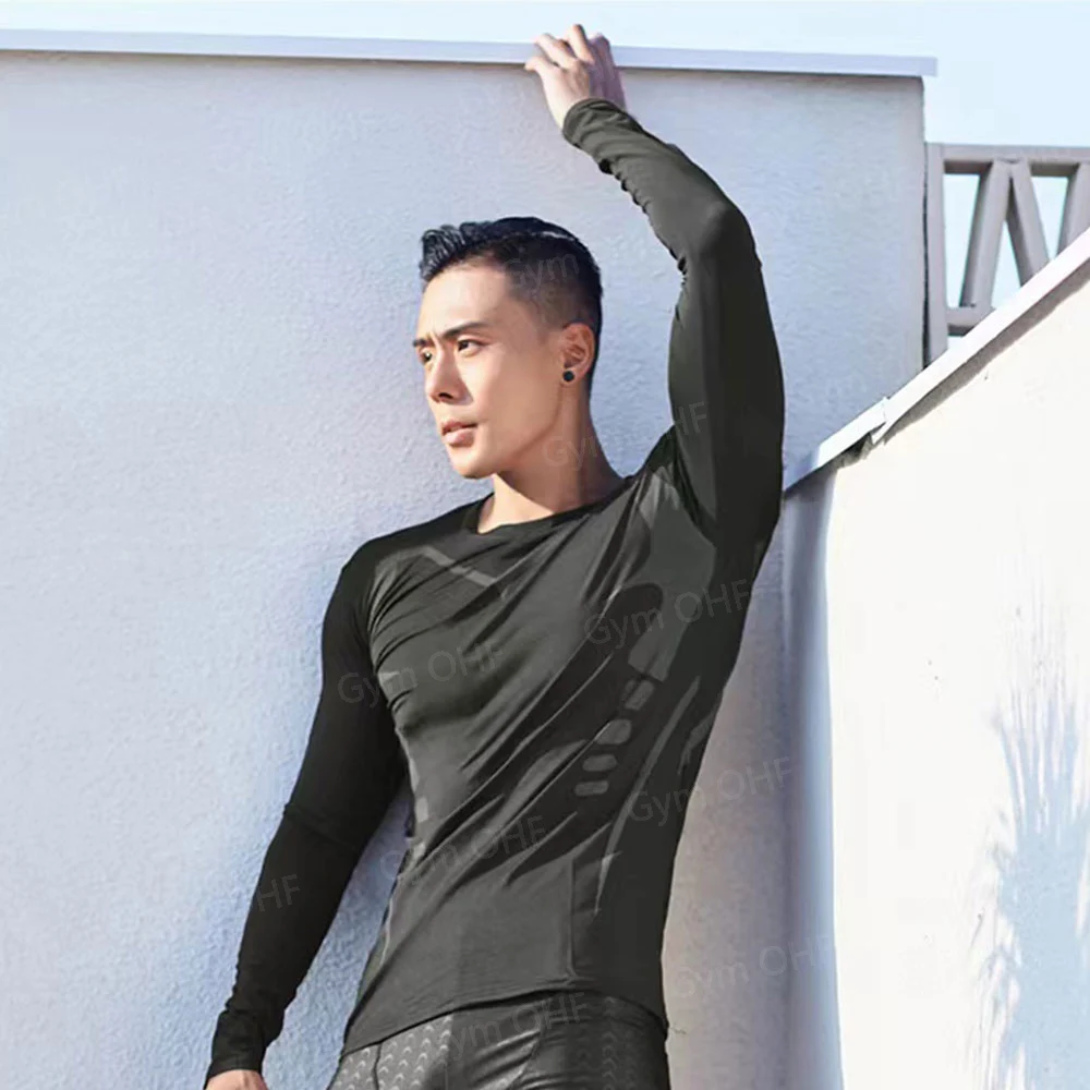Long Sleeved Men's Gym Running Tight Fitting Men's Outdoor Training Jogging Shirt Quick Drying Shirt Warm Printed Classic Lightw