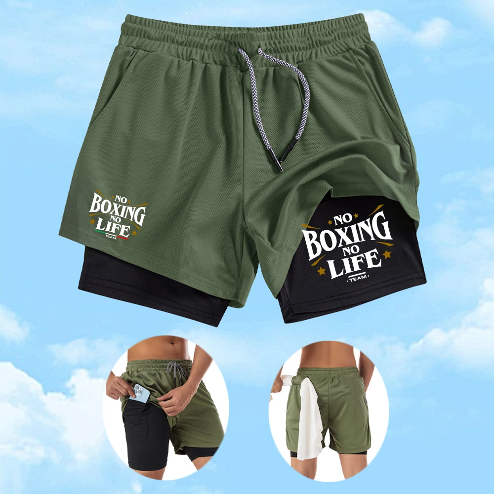 Men's Boxing Themed Printed Double Layer Sports Shorts Quick Drying And Breathable Fitness Training Shorts With Phone Pocket