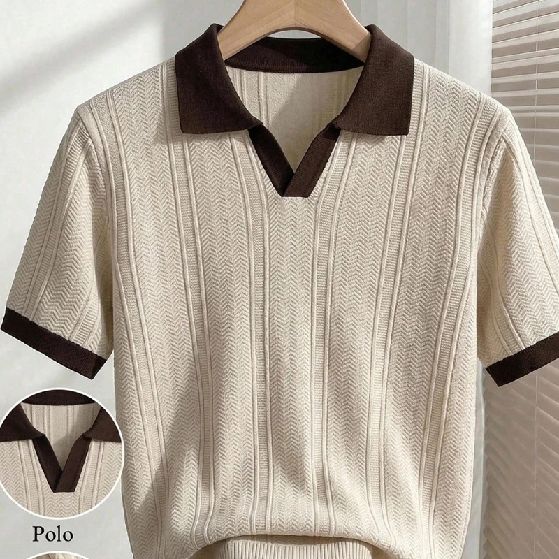 2026 New Men's Knit Golf Shirt Casual Polo Shirts Short Sleeve Summer Mens Stretch T Shirts Button Top T-Shirt