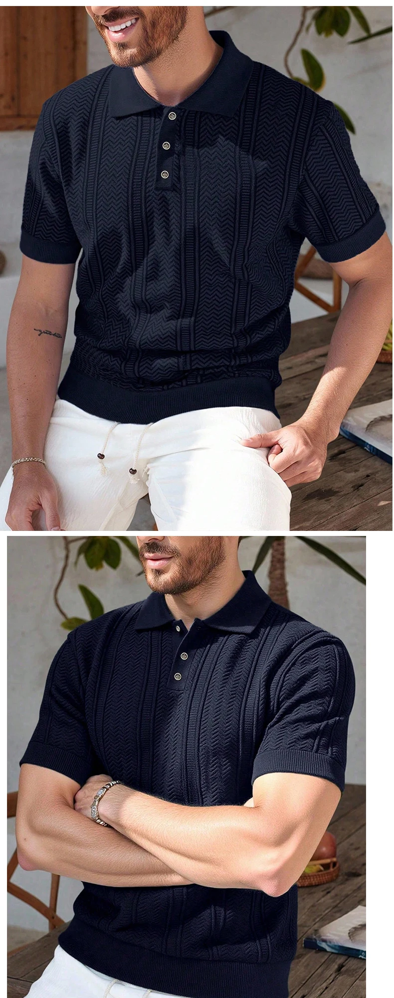 2026 New Men's Knit Golf Shirt Casual Polo Shirts Short Sleeve Summer Mens Stretch T Shirts Button Top T-Shirt