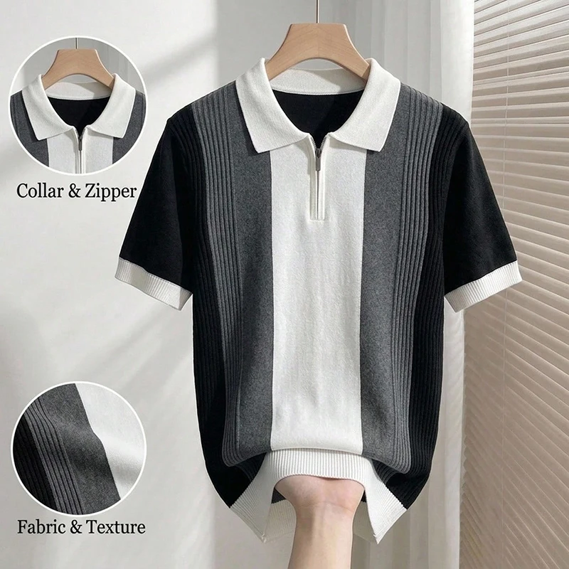 2026 New Men's Knit Golf Shirt Casual Polo Shirts Short Sleeve Summer Mens Stretch T Shirts Button Top T-Shirt