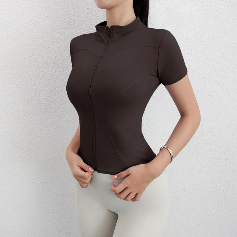 Women's Zipper Short Sleeve Yoga Top Quick Dry Fitness T-Shirt Stand Collar Sportswear