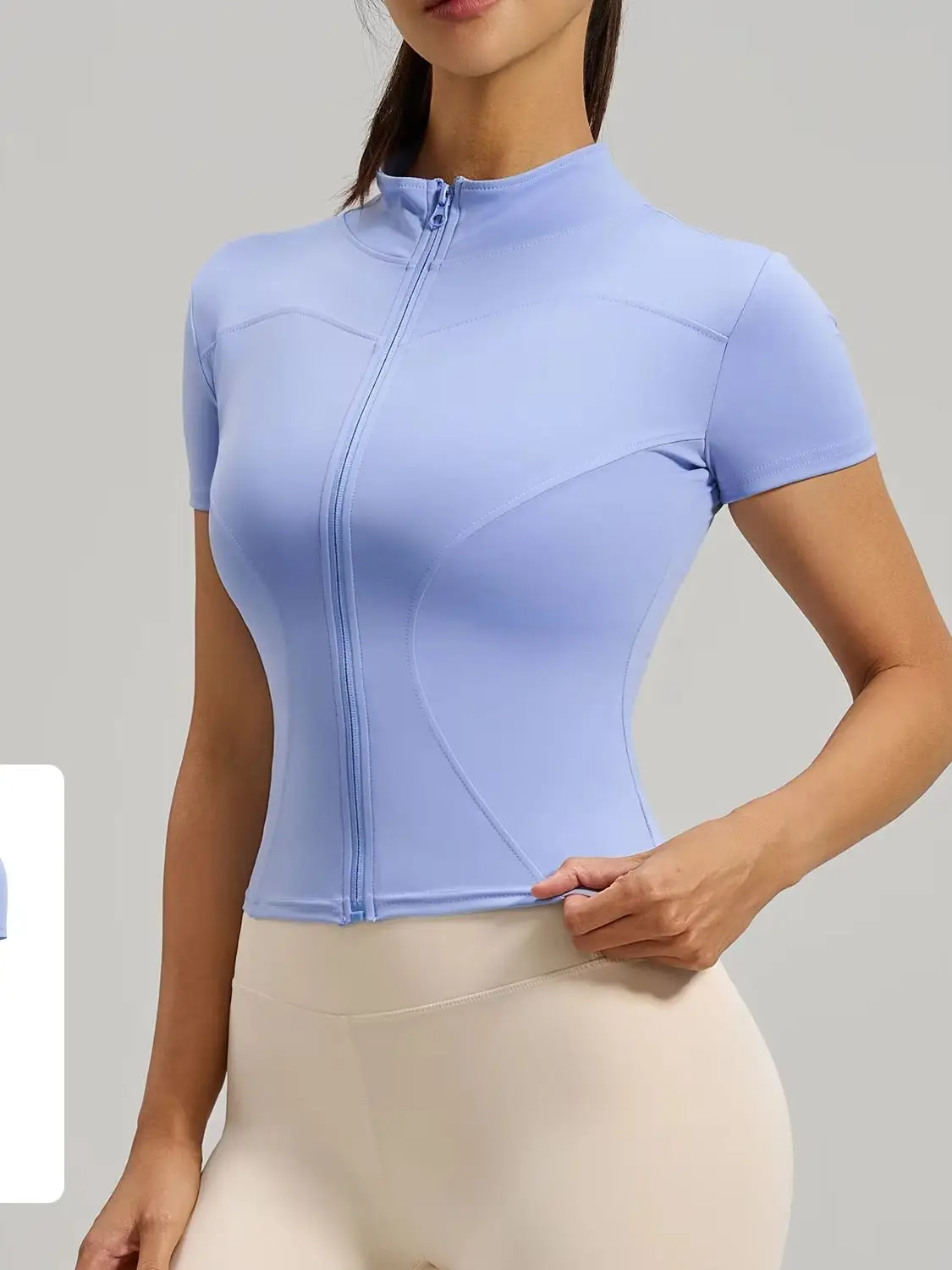 Women's Zipper Short Sleeve Yoga Top Quick Dry Fitness T-Shirt Stand Collar Sportswear