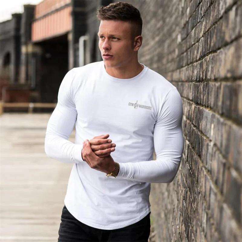 Autumn Slim Fit Sport Fitness Running Shirts Men Cotton Breathable Long Sleeve T-shirt Gym Bodybuilding Training Casual Clothing