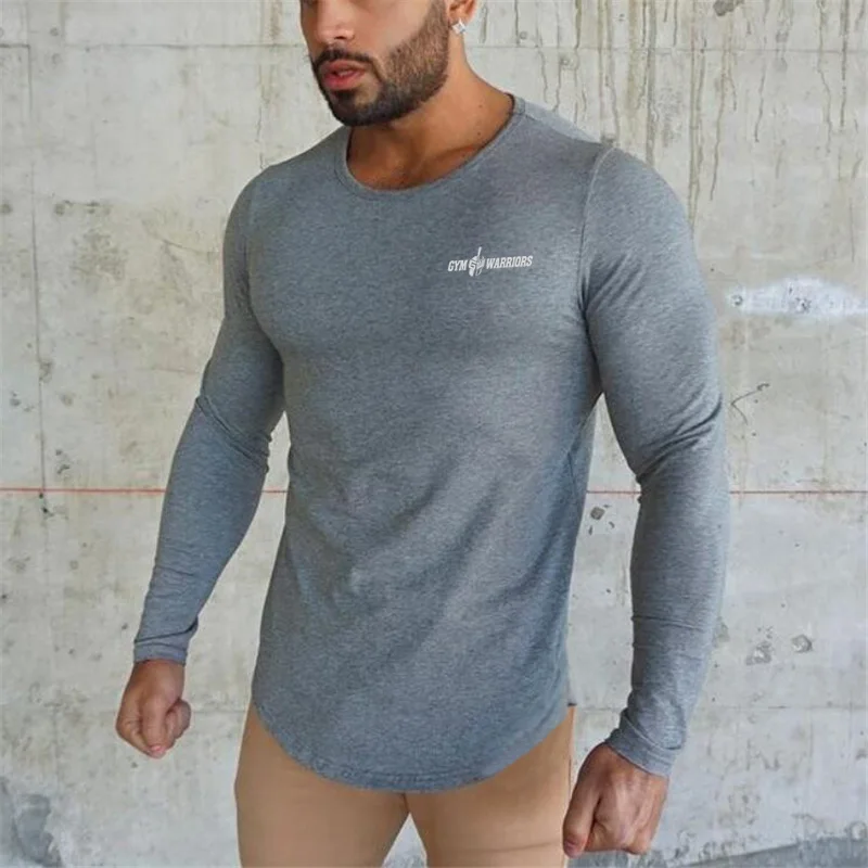 Autumn Slim Fit Sport Fitness Running Shirts Men Cotton Breathable Long Sleeve T-shirt Gym Bodybuilding Training Casual Clothing