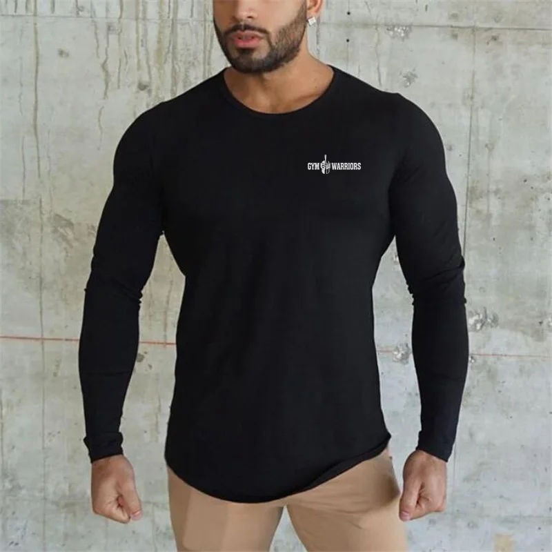 Autumn Slim Fit Sport Fitness Running Shirts Men Cotton Breathable Long Sleeve T-shirt Gym Bodybuilding Training Casual Clothing