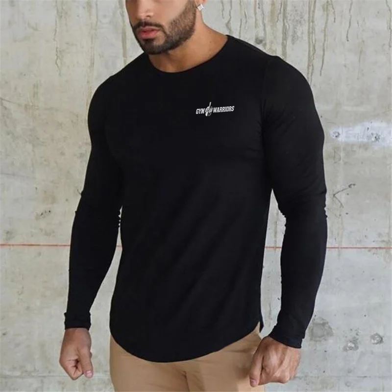Autumn Slim Fit Sport Fitness Running Shirts Men Cotton Breathable Long Sleeve T-shirt Gym Bodybuilding Training Casual Clothing