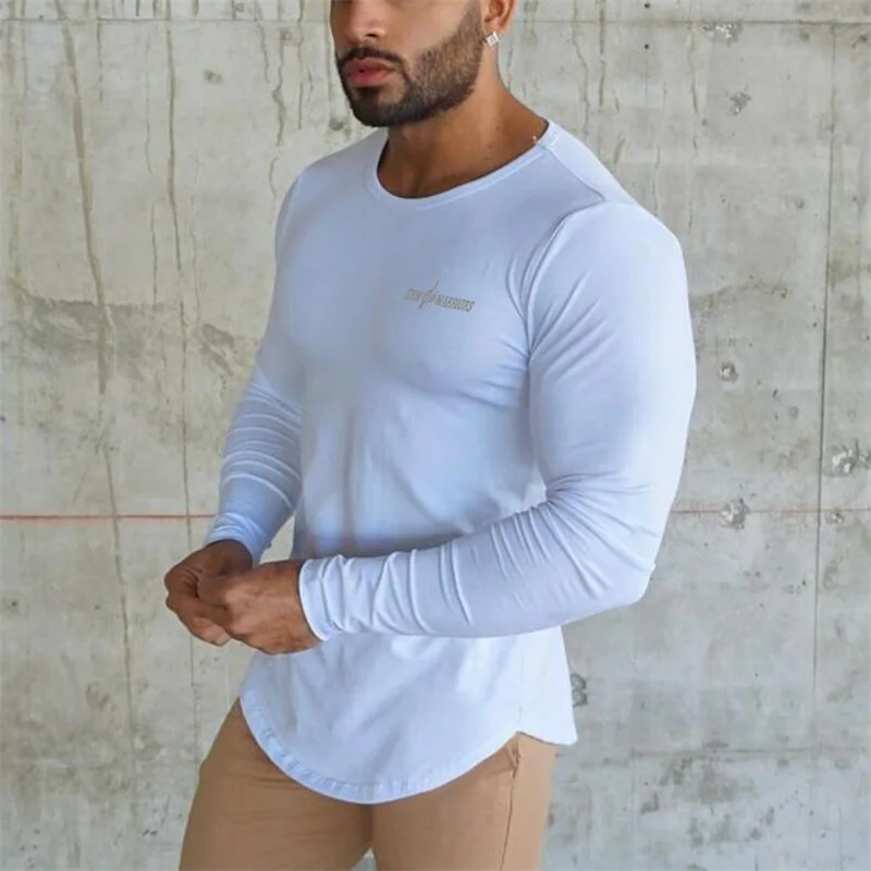 Autumn Slim Fit Sport Fitness Running Shirts Men Cotton Breathable Long Sleeve T-shirt Gym Bodybuilding Training Casual Clothing