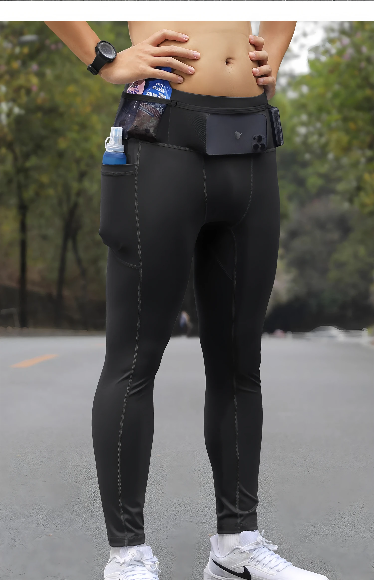 Mens Women Compression 6 Pockets Running Pants Marathon Cycling Outdoor Sport Fitness Yoga Hiking Long Tights Leggings Quick Dry