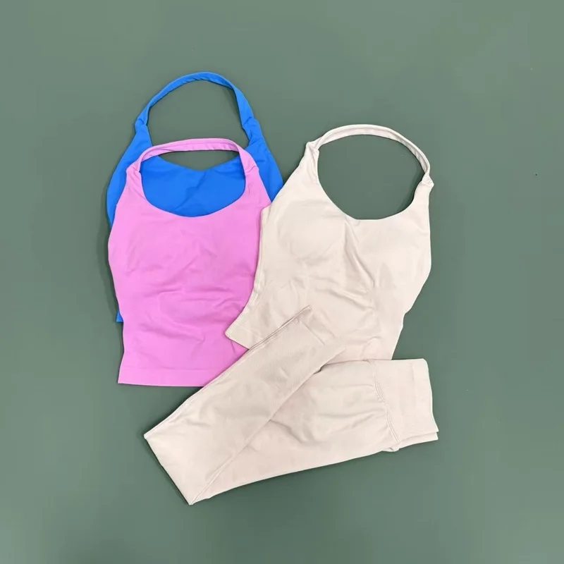 2 Piece Active Set Women Open Back Halter Top Peach Butt Lifting Leggings Seamless Soft Stretchy Gym Yoga Fitness Outfits