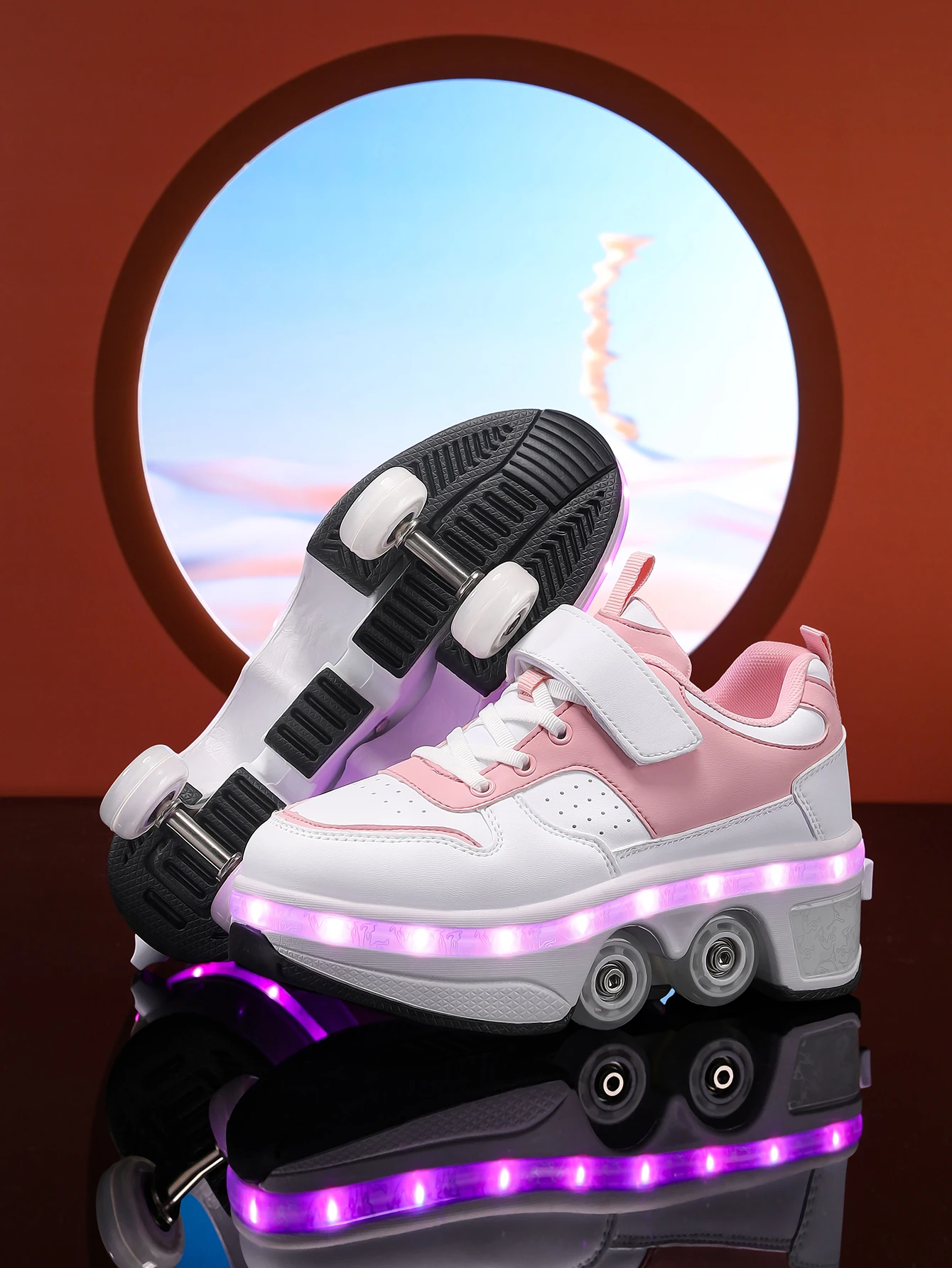 Popular Fashion Upgraded Four Wheel Children's Roller Skating Shoes, One Click Invisible LED Light Skating Shoes