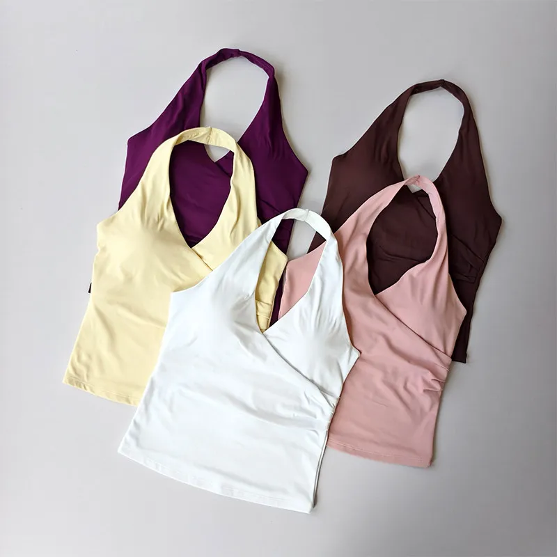 Women's Sexy V-Neck Nude Sports Bra Hanging Neck Breathable Gym Top Active Wear Fitness Yoga Vest Hanging Neck Design Yoga Bra