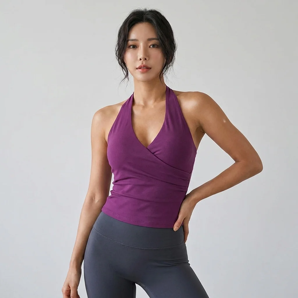 Women's Sexy V-Neck Nude Sports Bra Hanging Neck Breathable Gym Top Active Wear Fitness Yoga Vest Hanging Neck Design Yoga Bra