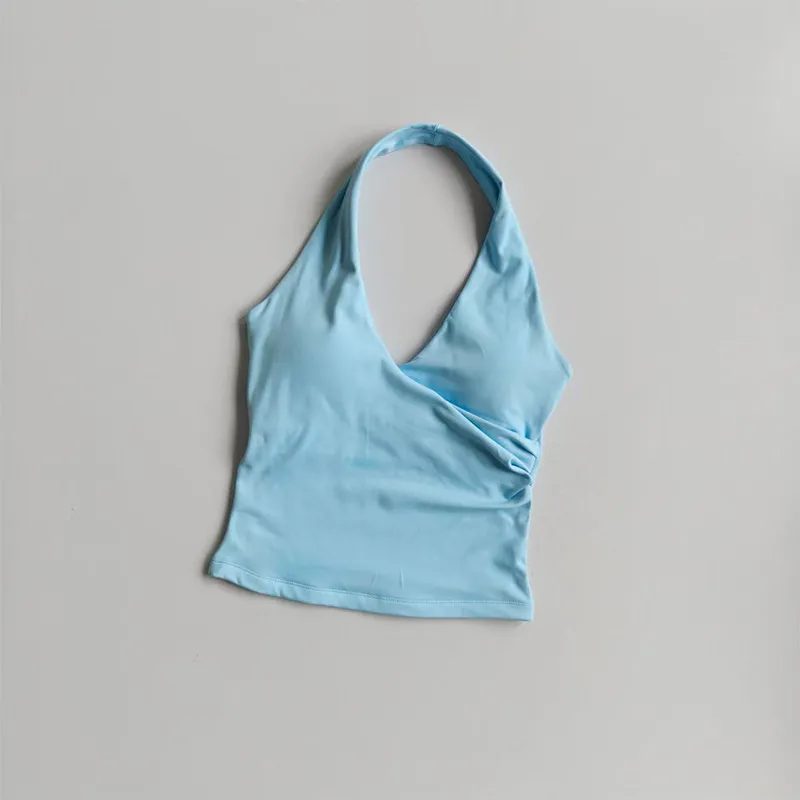 Women's Sexy V-Neck Nude Sports Bra Hanging Neck Breathable Gym Top Active Wear Fitness Yoga Vest Hanging Neck Design Yoga Bra