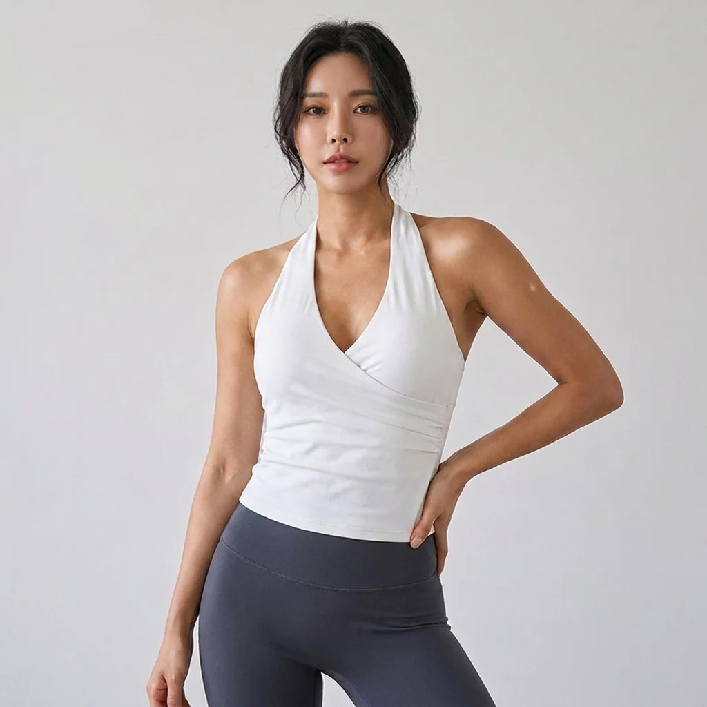 Women's Sexy V-Neck Nude Sports Bra Hanging Neck Breathable Gym Top Active Wear Fitness Yoga Vest Hanging Neck Design Yoga Bra