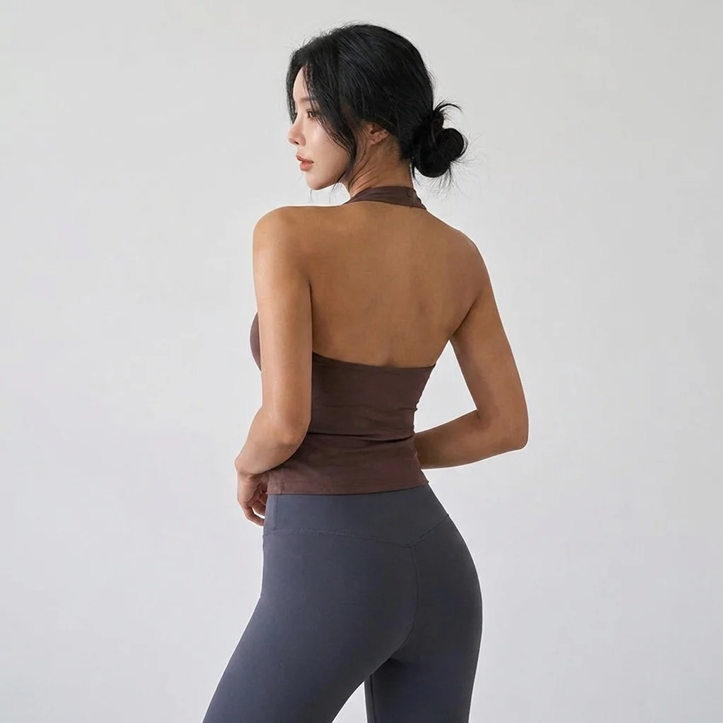 Women's Sexy V-Neck Nude Sports Bra Hanging Neck Breathable Gym Top Active Wear Fitness Yoga Vest Hanging Neck Design Yoga Bra