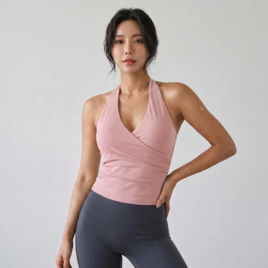 Women's Sexy V-Neck Nude Sports Bra Hanging Neck Breathable Gym Top Active Wear Fitness Yoga Vest Hanging Neck Design Yoga Bra