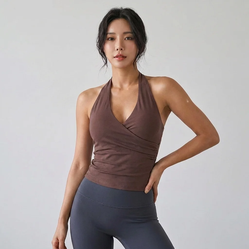 Women's Sexy V-Neck Nude Sports Bra Hanging Neck Breathable Gym Top Active Wear Fitness Yoga Vest Hanging Neck Design Yoga Bra