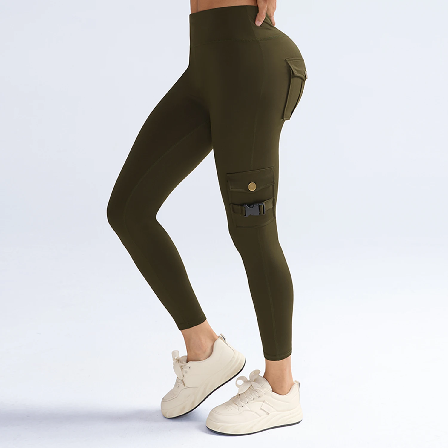 Women High Waist Cargo Leggings with Buckle Flap Pockets Tummy Control Butt Lifting Yoga Pants Stretch Workout Running Tights