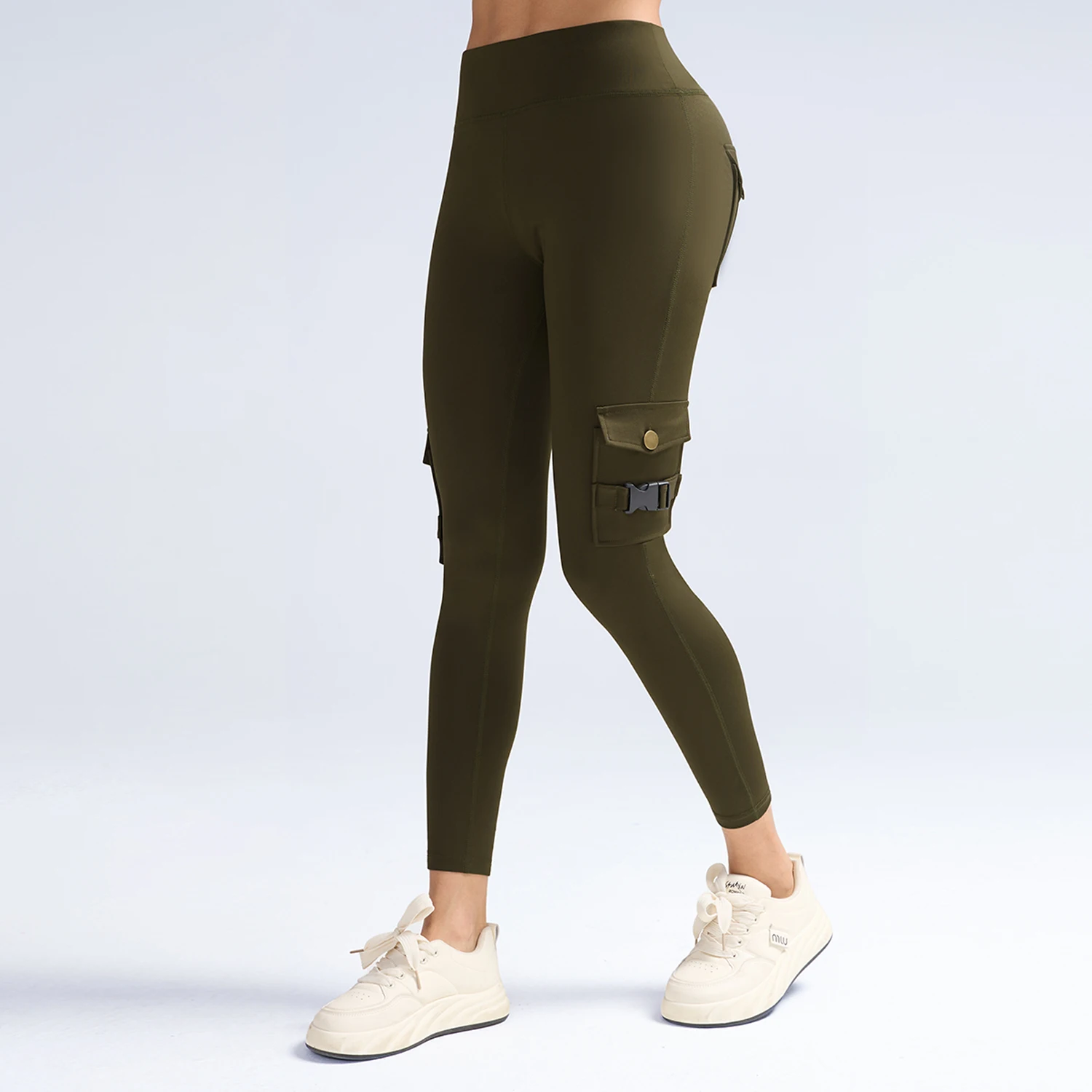 Women High Waist Cargo Leggings with Buckle Flap Pockets Tummy Control Butt Lifting Yoga Pants Stretch Workout Running Tights