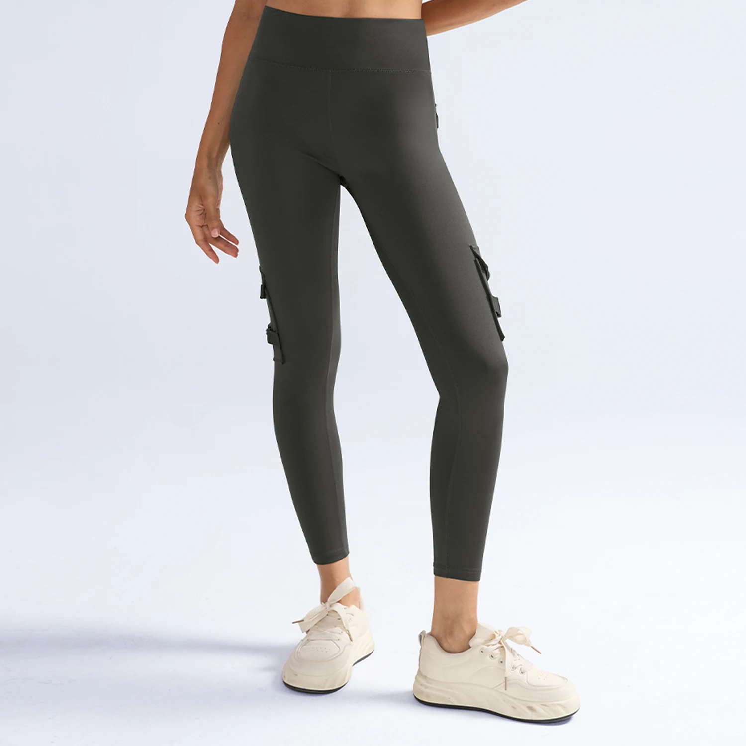 Women High Waist Cargo Leggings with Buckle Flap Pockets Tummy Control Butt Lifting Yoga Pants Stretch Workout Running Tights