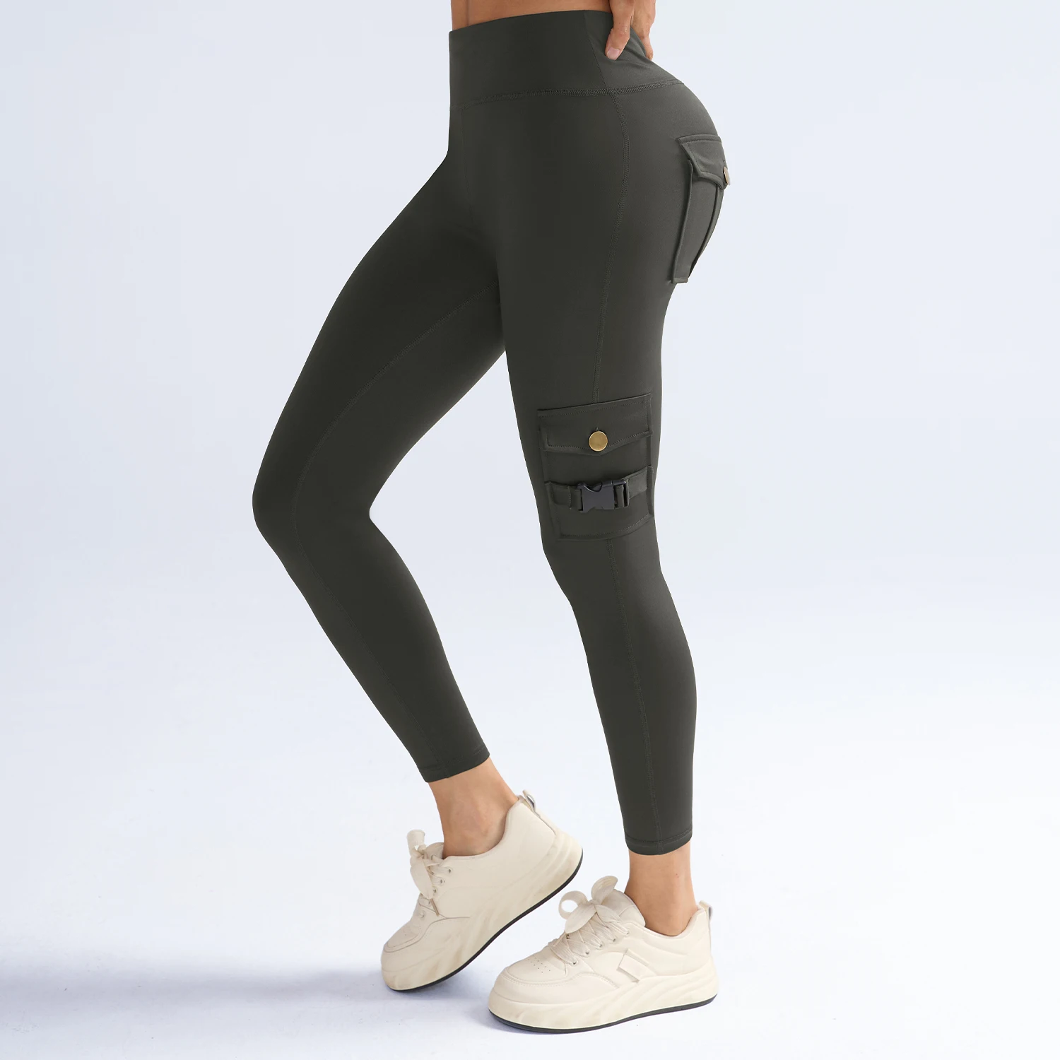 Women High Waist Cargo Leggings with Buckle Flap Pockets Tummy Control Butt Lifting Yoga Pants Stretch Workout Running Tights