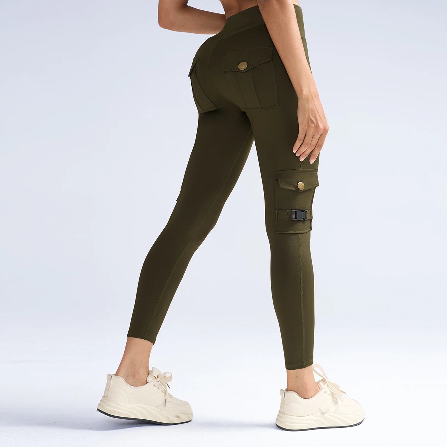 Women High Waist Cargo Leggings with Buckle Flap Pockets Tummy Control Butt Lifting Yoga Pants Stretch Workout Running Tights
