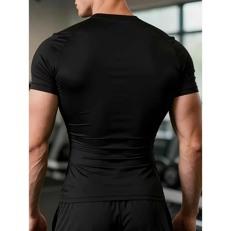 Mens Bodybuilding Sports Tight T-shirt Summer Compression Turtleneck Short Sleeve Gym Fitness Running Quick Dry Male Workout Top