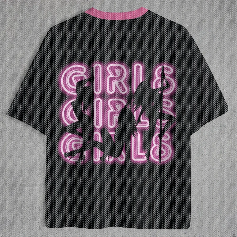 V-neck Sports Shirt Full Print Retro Hard Rock Band Group Motorcycle Pink Neon Letter Pattern Street Football T-shirt