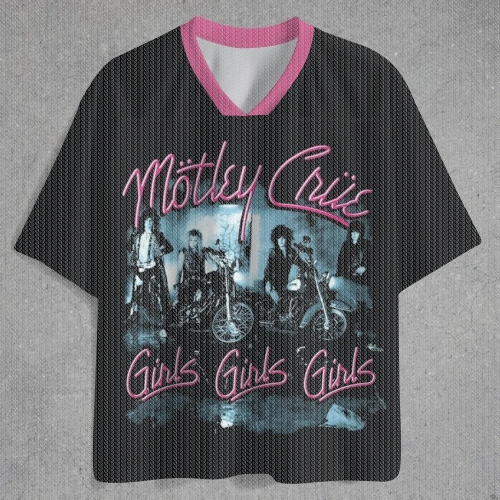 V-neck Sports Shirt Full Print Retro Hard Rock Band Group Motorcycle Pink Neon Letter Pattern Street Football T-shirt