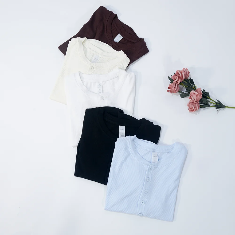 LULU FLORA Henry collar curved hem short sleeved T-shirt short cut slimming top yoga workout