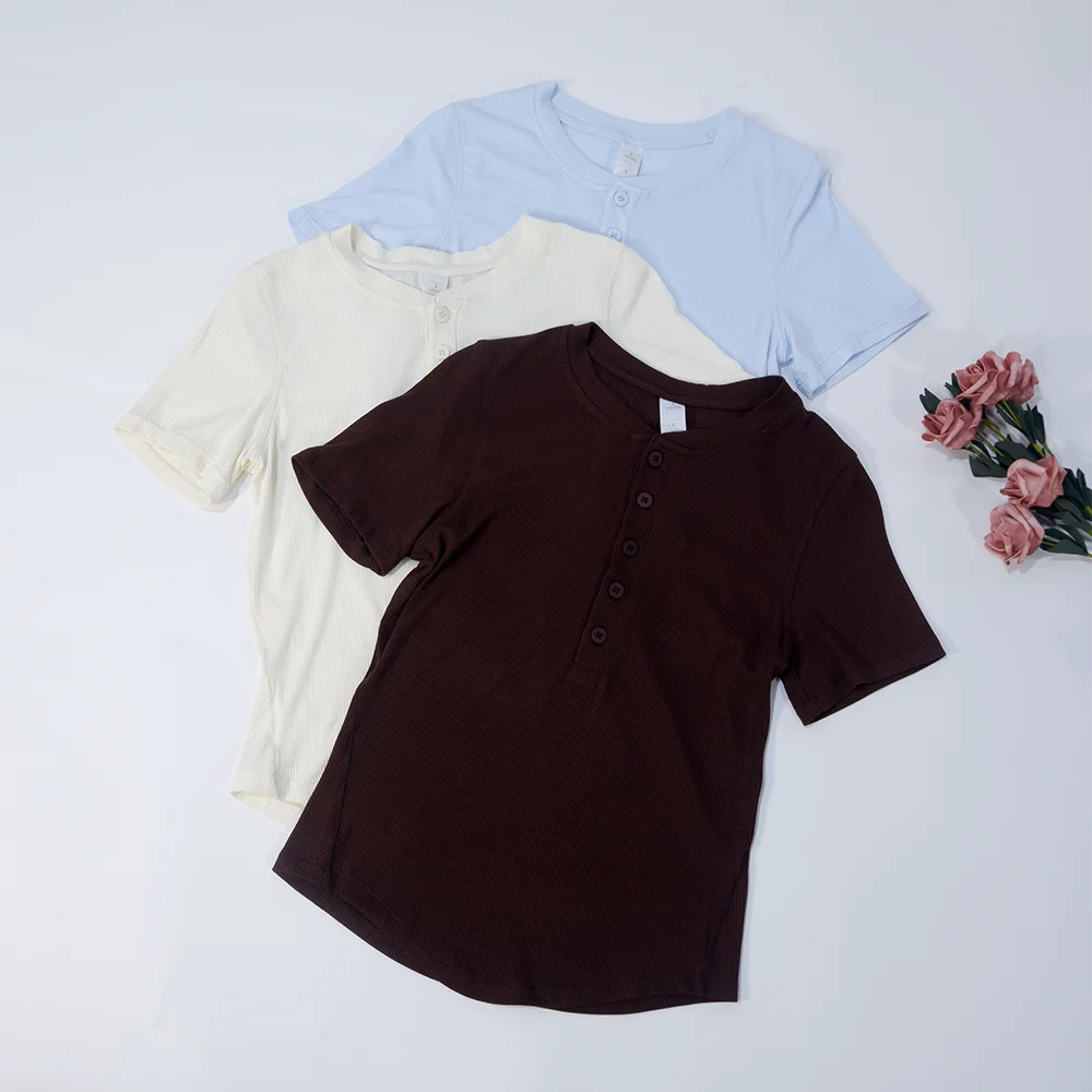 LULU FLORA Henry collar curved hem short sleeved T-shirt short cut slimming top yoga workout