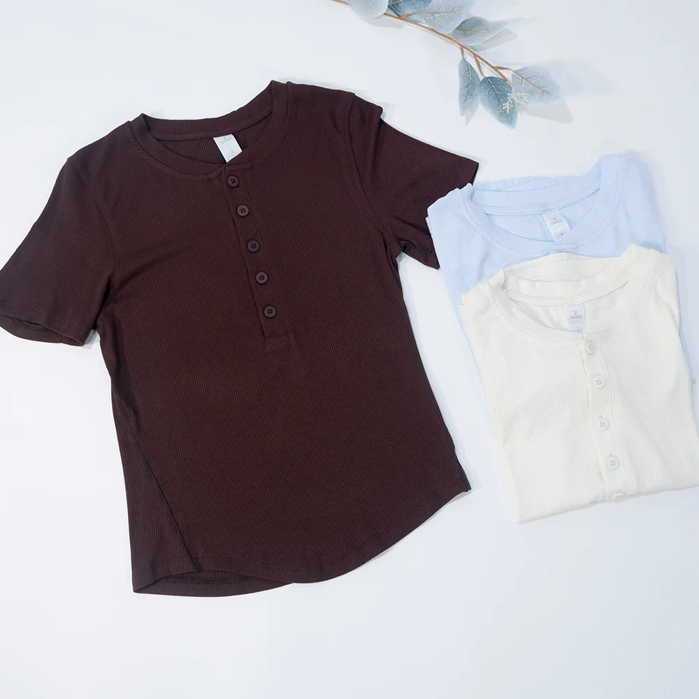 LULU FLORA Henry collar curved hem short sleeved T-shirt short cut slimming top yoga workout