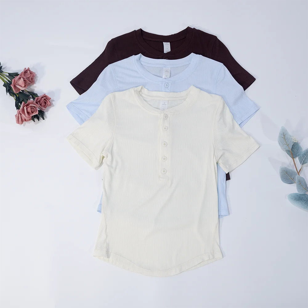 LULU FLORA Henry collar curved hem short sleeved T-shirt short cut slimming top yoga workout