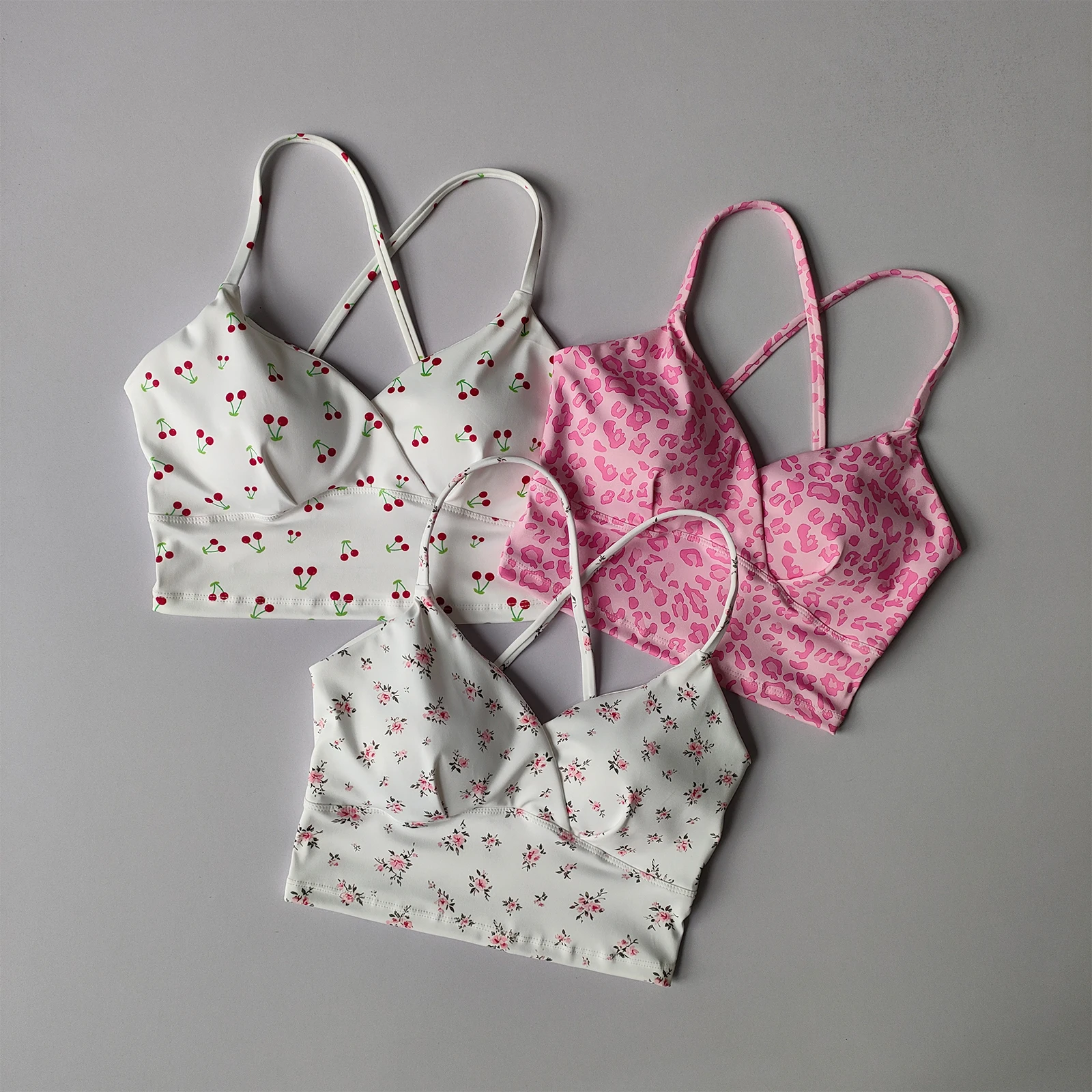 Cherry Print Yoga Vest Women with Chest Pad Fixed Cup Beautiful Back Sports Bra Running Fitness Clothing Outer Wear Suspenders