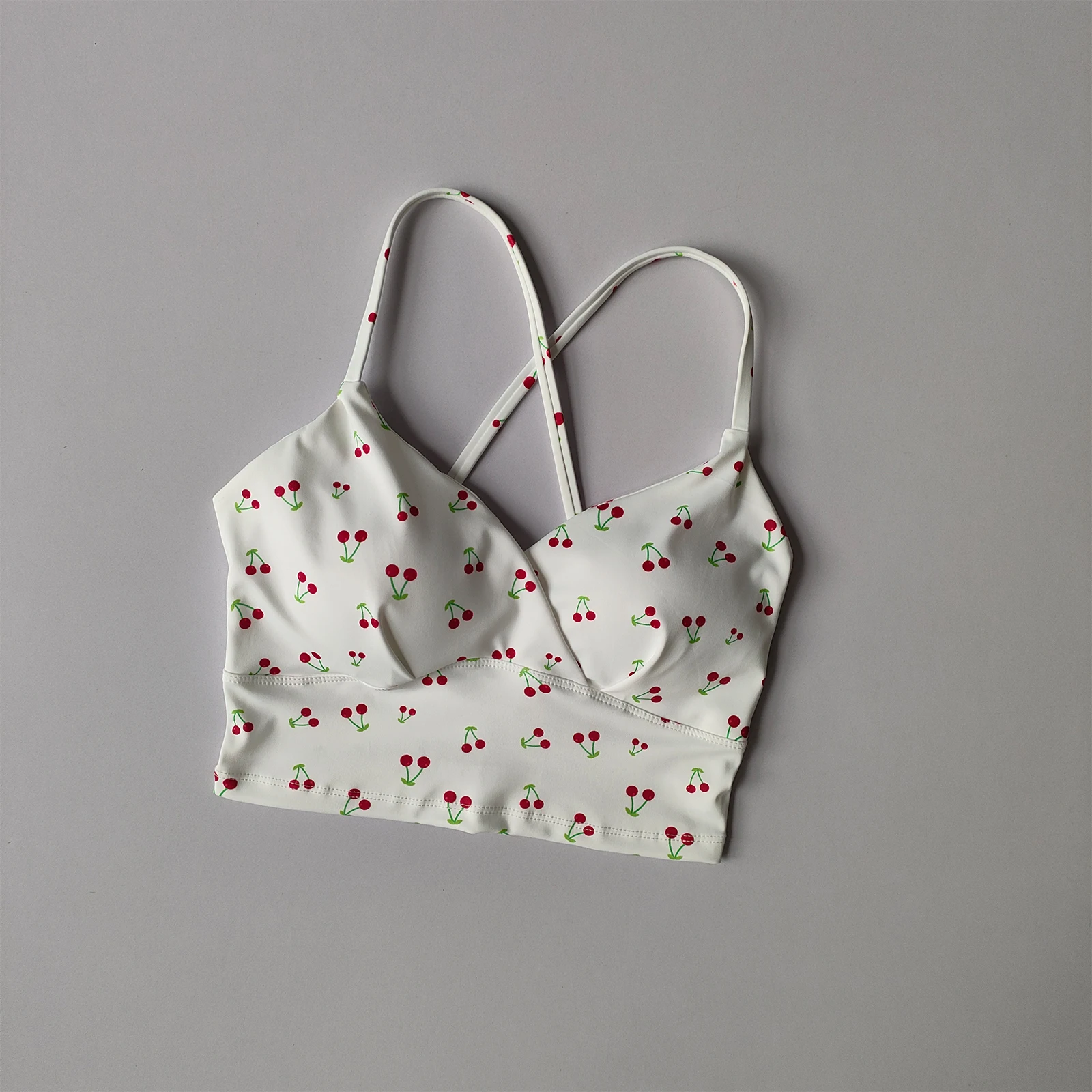 Cherry Print Yoga Vest Women with Chest Pad Fixed Cup Beautiful Back Sports Bra Running Fitness Clothing Outer Wear Suspenders