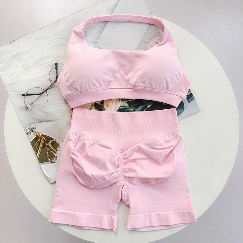 Women's Viral Peach Butt Lift Yoga Set - Halter Racerback Sports Top & Shorts, Wearable for Gym & Daily Wear