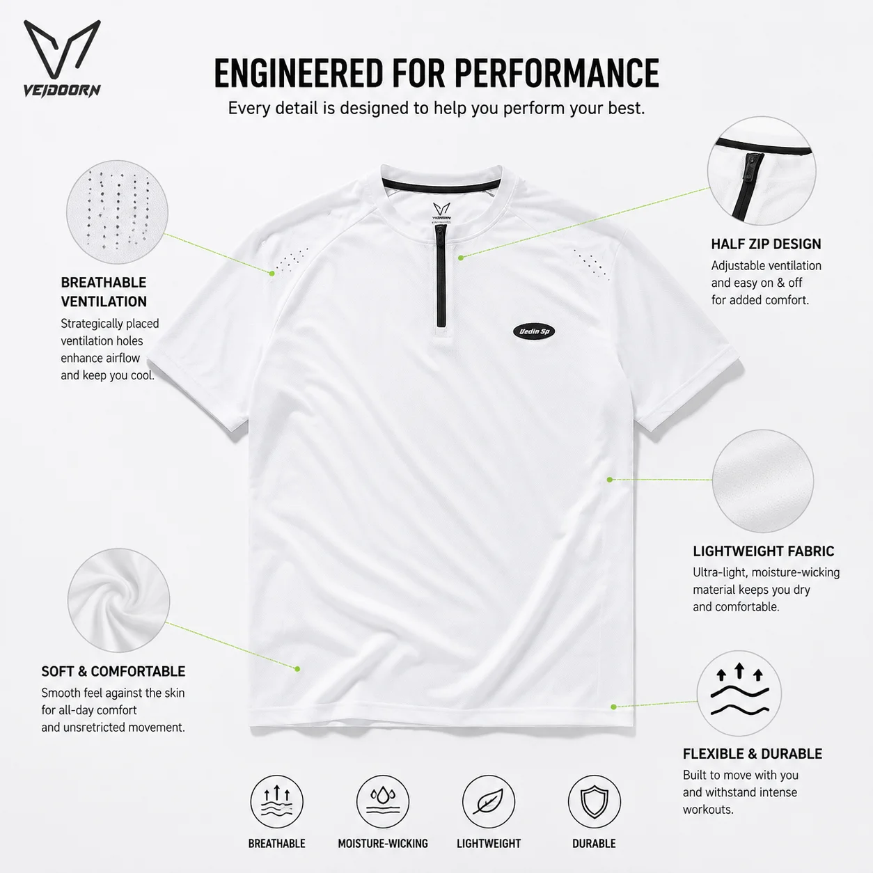 Veidoorn Men Half Zip Sports T-Shirt Running Training Tee With Vent Holes Breathable Athletic Top For Basketball Workout