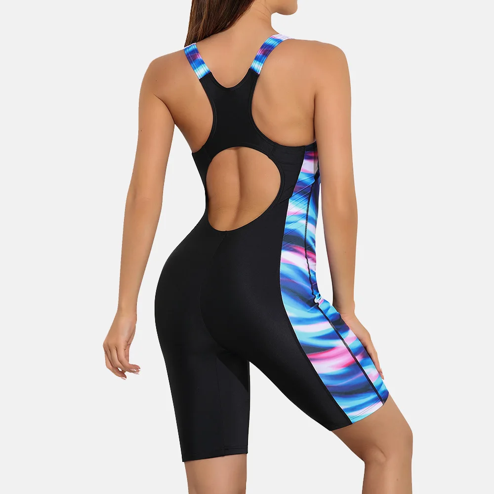 Anfilia One Piece Women Pro Sports Swimwear Boyleg Knee-length Sport Swimsuit Patchwork Bikini Beach Wear Bathing Suit