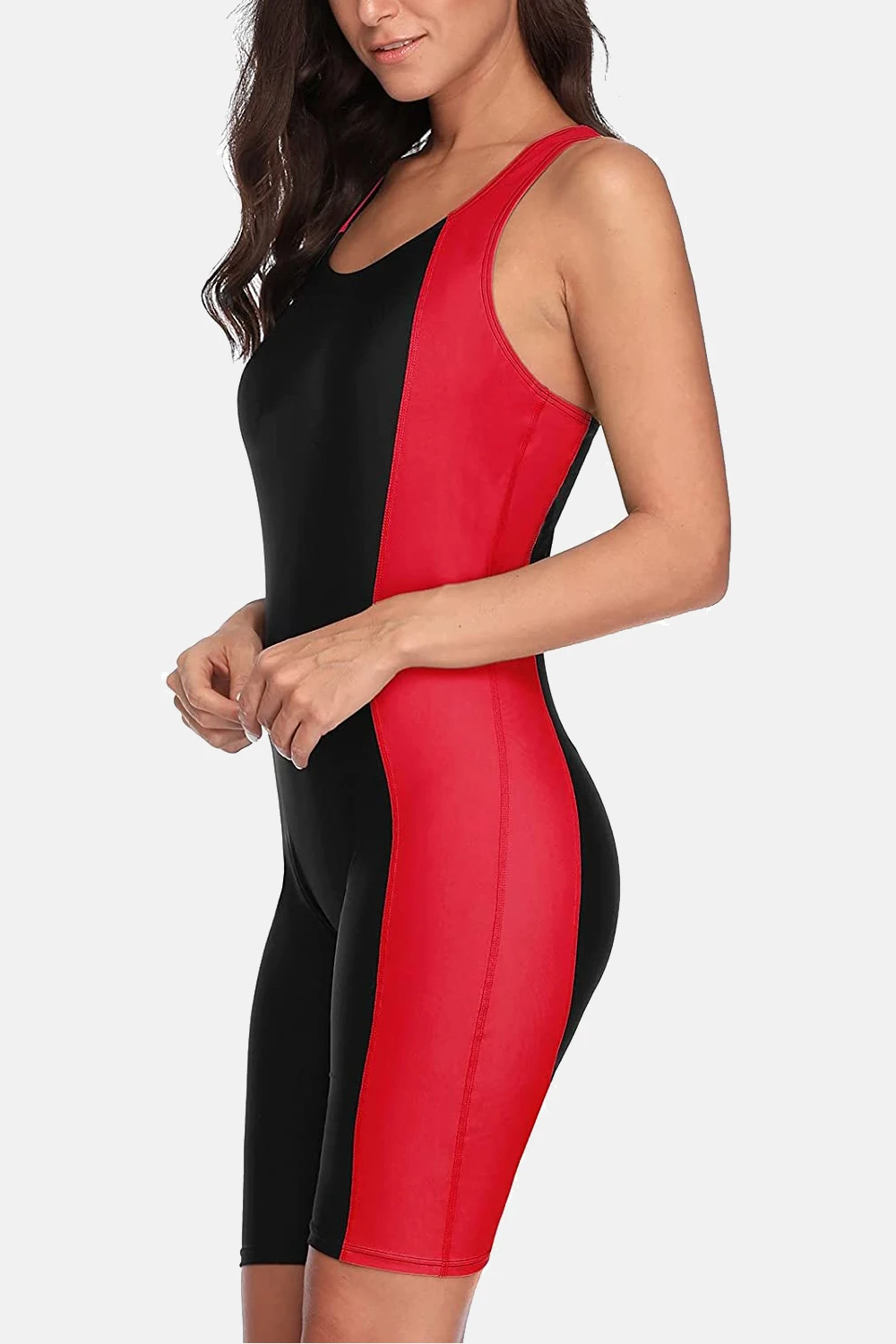 Anfilia One Piece Women Pro Sports Swimwear Boyleg Knee-length Sport Swimsuit Patchwork Bikini Beach Wear Bathing Suit