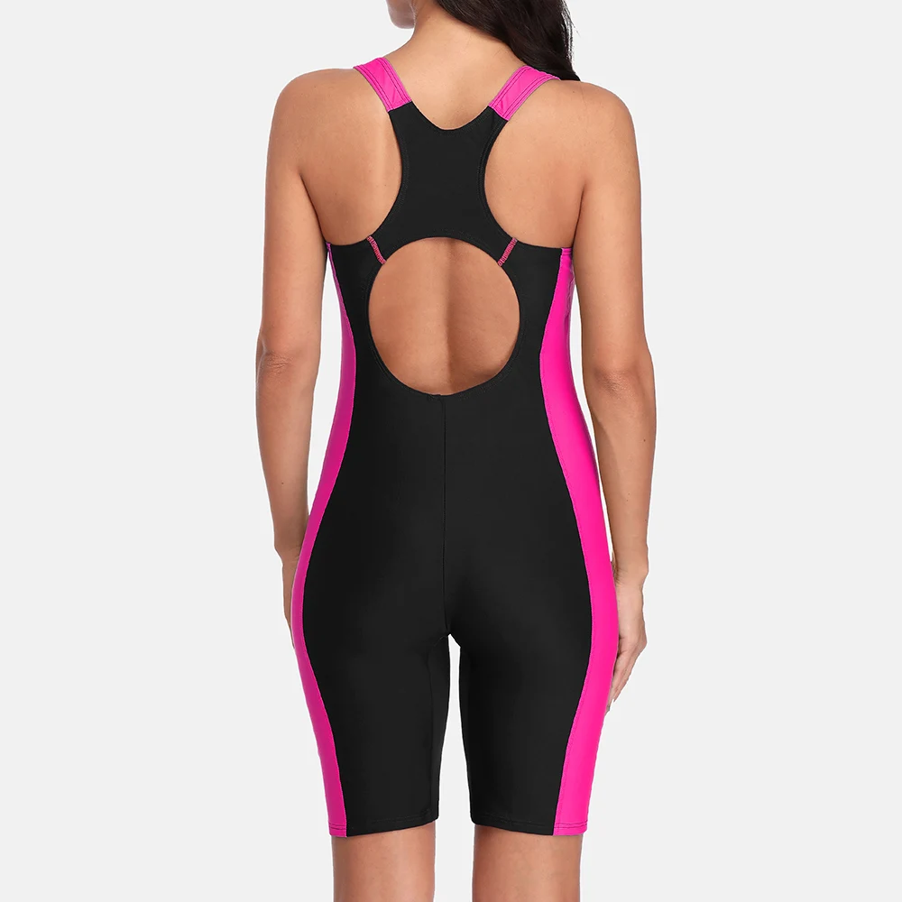 Anfilia One Piece Women Pro Sports Swimwear Boyleg Knee-length Sport Swimsuit Patchwork Bikini Beach Wear Bathing Suit