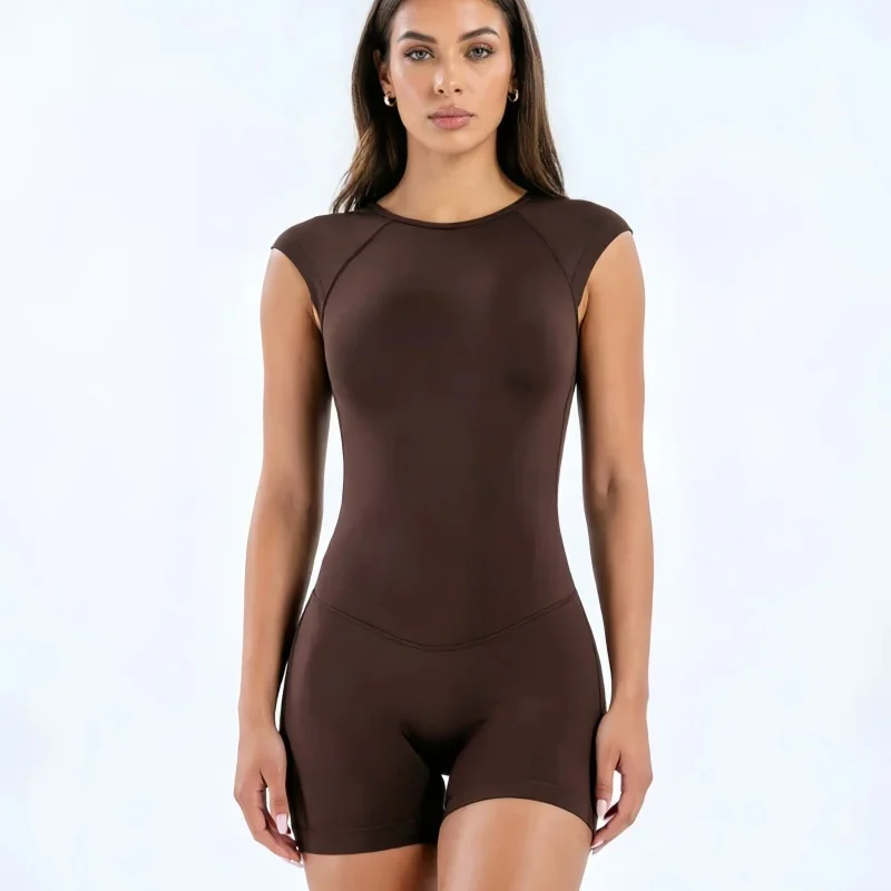HISTELLO Impact Short Sleeve One Piece Women Open Back Yoga Romper Quick Dry Fitness Bodysuit Gym Workout Solid Sports Jumpsuit