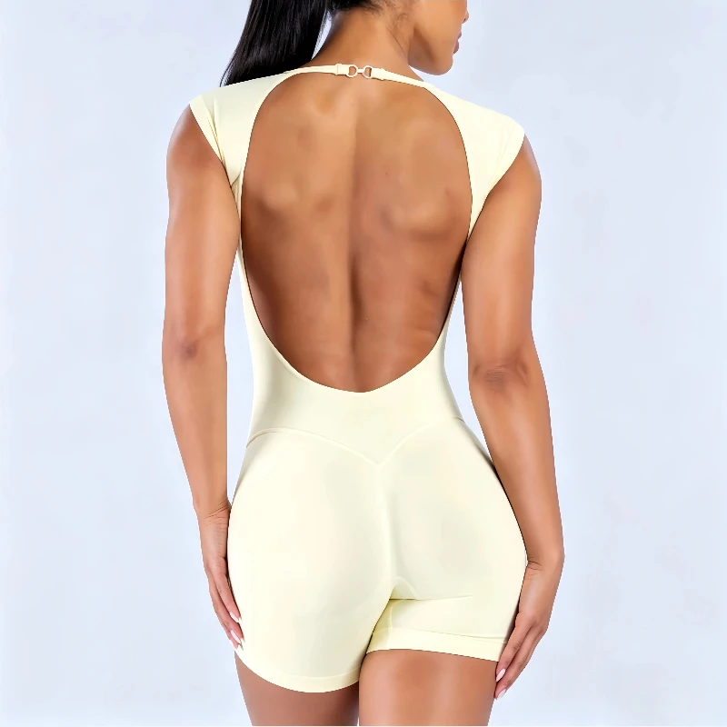 HISTELLO Impact Short Sleeve One Piece Women Open Back Yoga Romper Quick Dry Fitness Bodysuit Gym Workout Solid Sports Jumpsuit