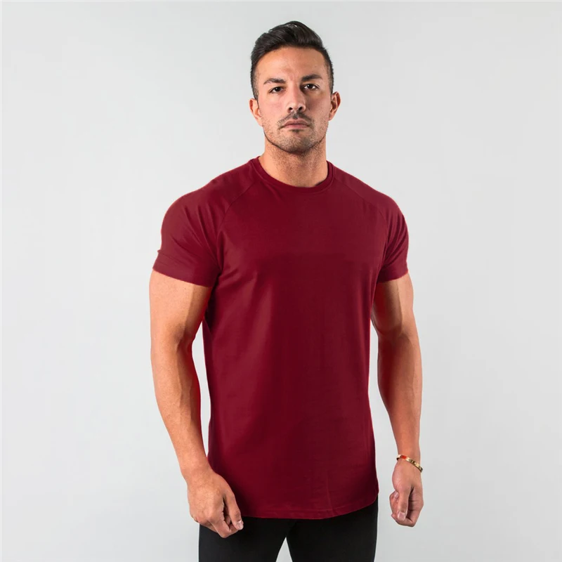 New Summer Leisure Running T-shirt Gym Training Tops Elastic Cotton Pure Color Short Sleeve Sports T-shirt Men Sportswear