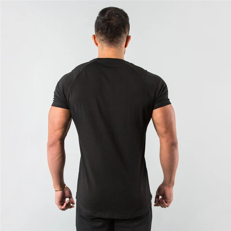 New Summer Leisure Running T-shirt Gym Training Tops Elastic Cotton Pure Color Short Sleeve Sports T-shirt Men Sportswear
