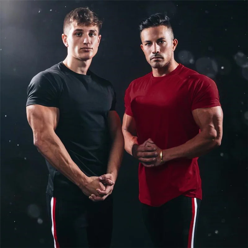 New Summer Leisure Running T-shirt Gym Training Tops Elastic Cotton Pure Color Short Sleeve Sports T-shirt Men Sportswear