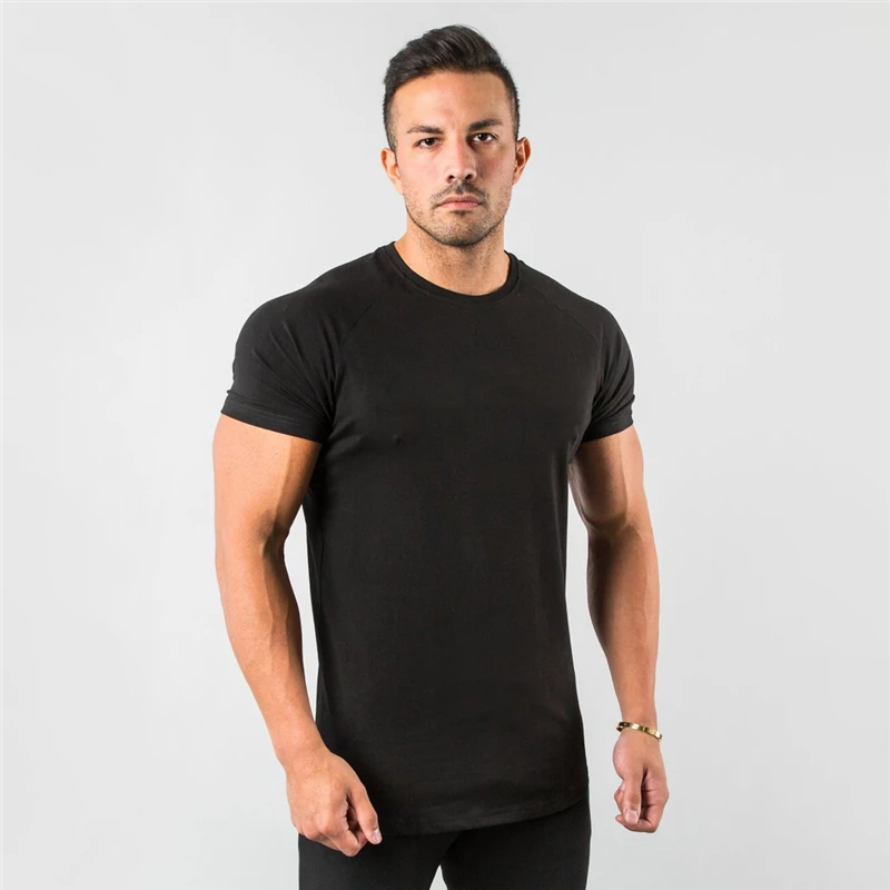 New Summer Leisure Running T-shirt Gym Training Tops Elastic Cotton Pure Color Short Sleeve Sports T-shirt Men Sportswear