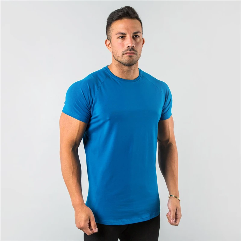 New Summer Leisure Running T-shirt Gym Training Tops Elastic Cotton Pure Color Short Sleeve Sports T-shirt Men Sportswear
