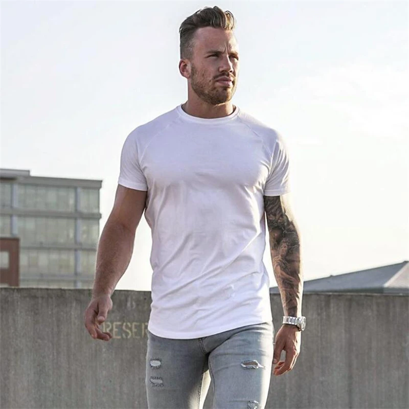 New Summer Leisure Running T-shirt Gym Training Tops Elastic Cotton Pure Color Short Sleeve Sports T-shirt Men Sportswear
